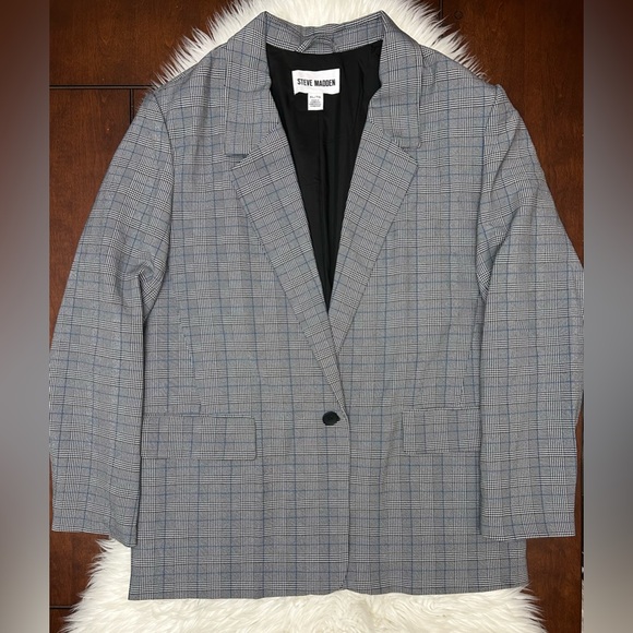 Steve Madden Size XL One Button Plaid Blazer Houndstooth Black White Blue - Picture 2 of 14